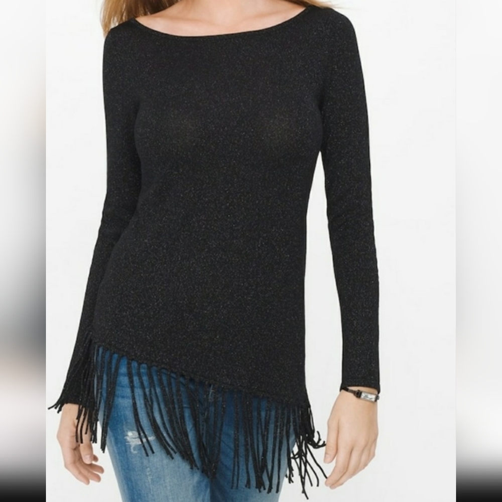 WHBM Fringed Sweater Metallic Sparkle Asymmetrical Hem Boat Neck Top Black XS